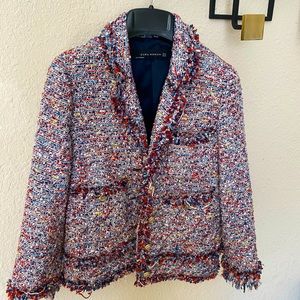 ZARA frayed tweed blazer red white